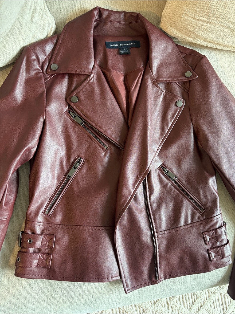 French Connection Faux Leather Biker Jacket - Wine